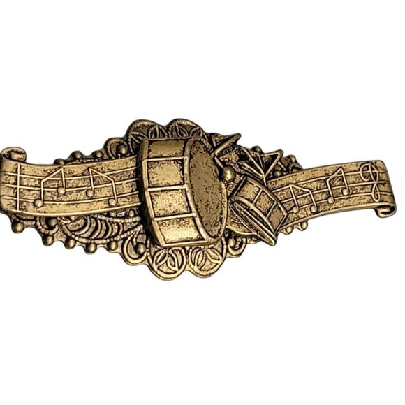 Drummer Brooch Vintage Gold Tone Musical Notes Detailed Metalwork Unsigned - Picture 4 of 7